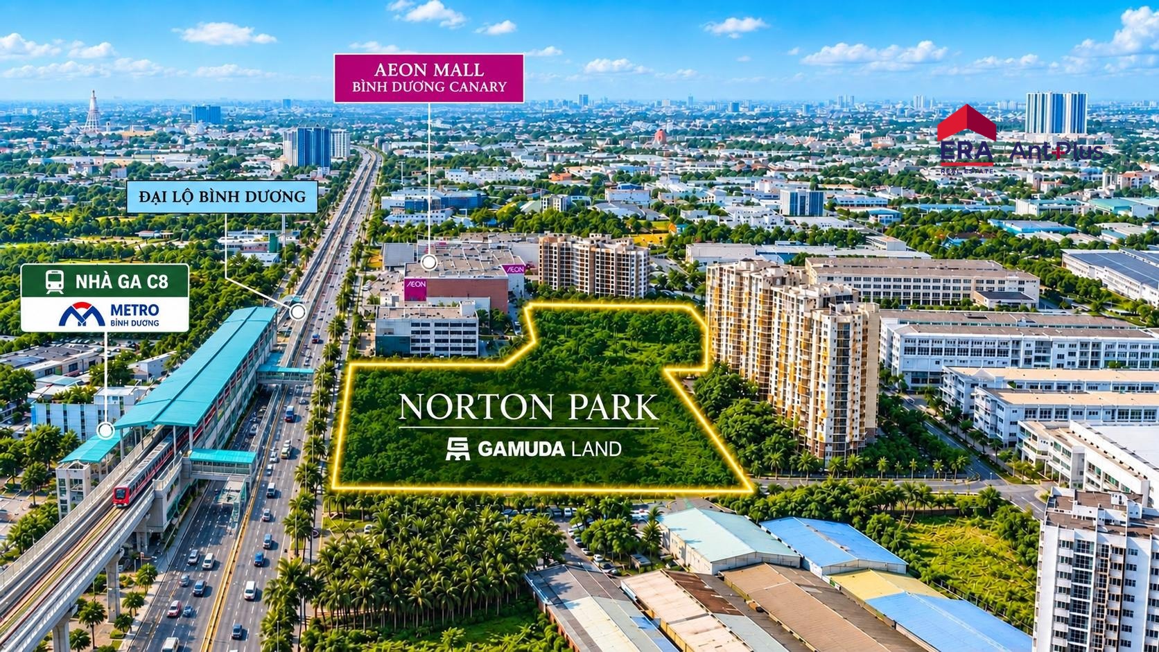 Phối cảnh vị trí Norton Park Bình Dương cạnh AEON Mall Bình Dương Canary, Đại lộ Bình Dương và ga metro C8