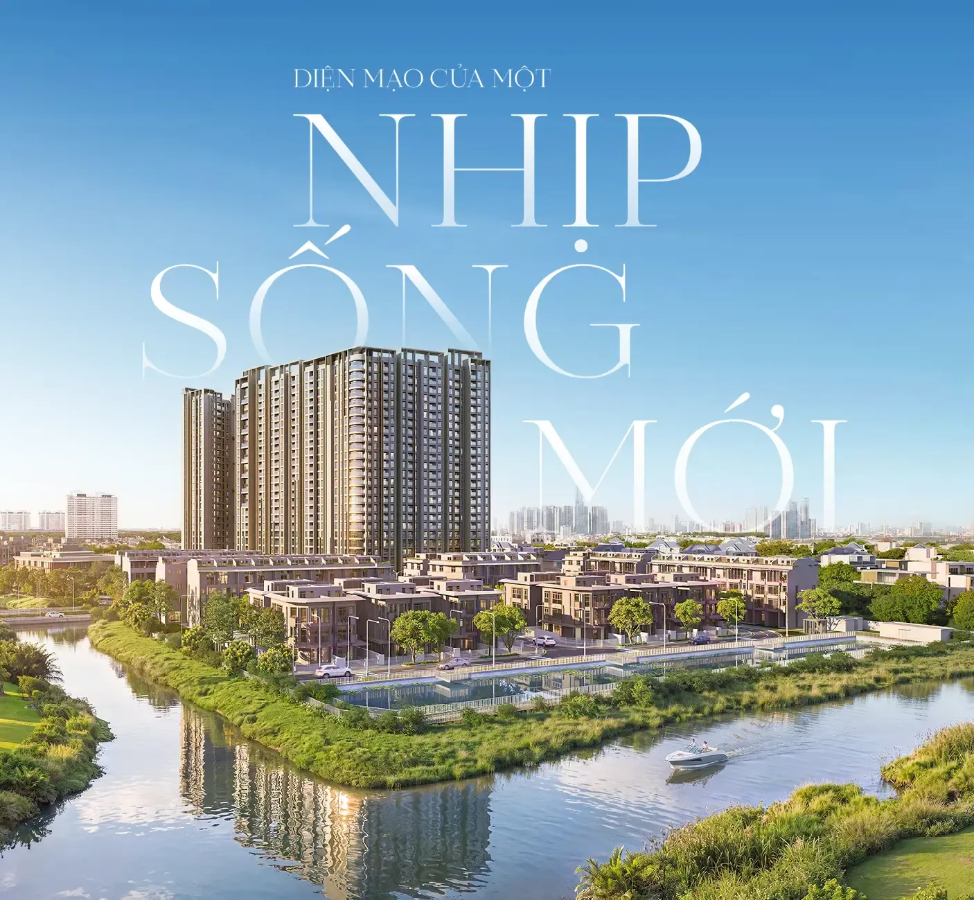 Phối cảnh dự án Imperia Sensa Park Thủ Đức nhìn từ trên cao với tòa căn hộ cao tầng bên dòng kênh và dãy nhà phố, biệt thự thấp tầng ven sông