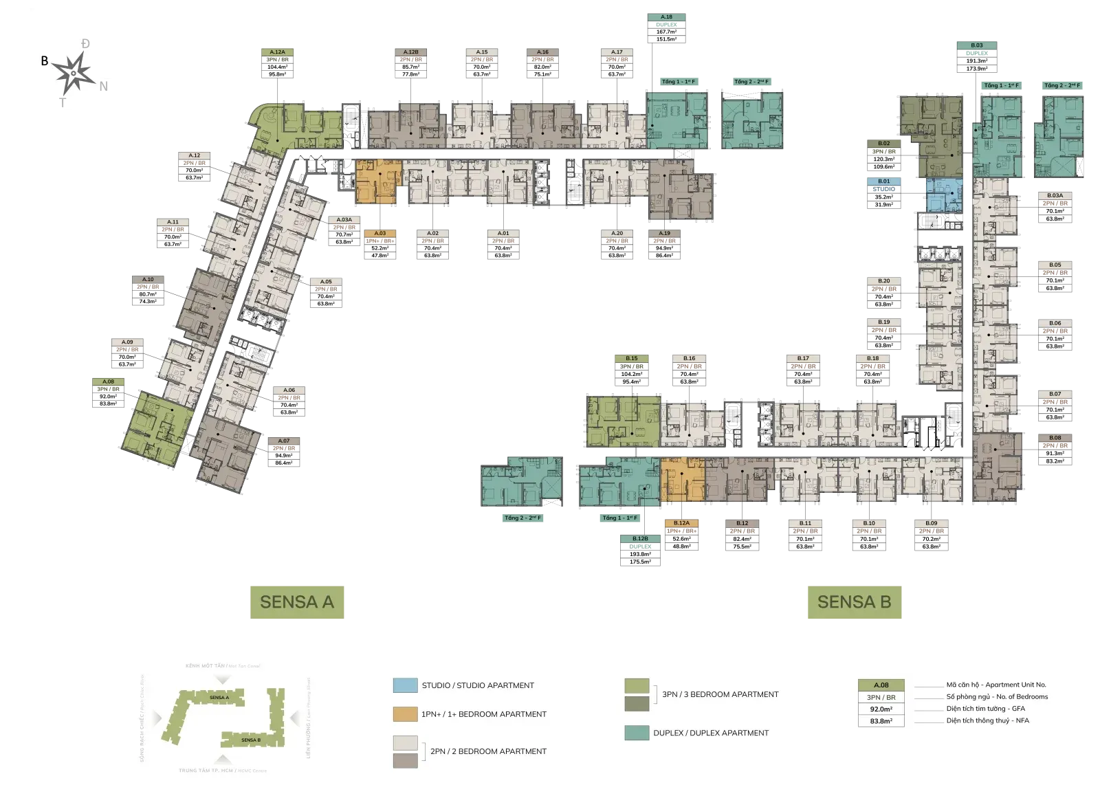 Mặt bằng tầng điển hình của hai block Sensa A và Sensa B thuộc dự án Imperia Sensa Park Thủ Đức với các loại căn hộ Studio, 1PN+, 2PN, 3PN và Duplex