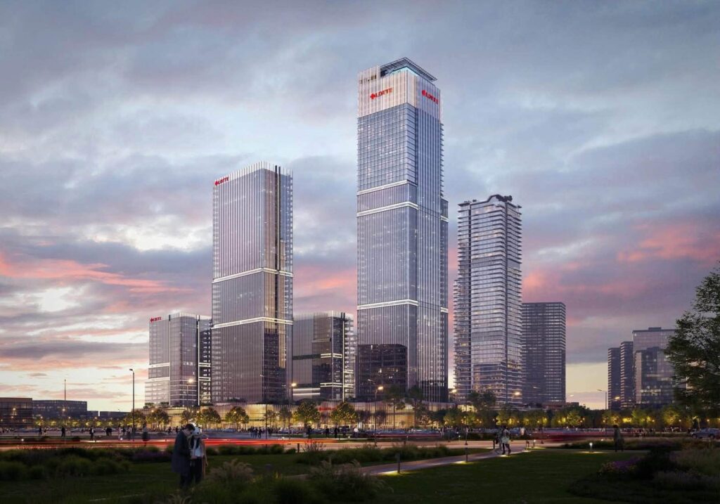 Phối cảnh cụm tháp văn phòng và căn hộ Lotte Eco Smart City Thủ Thiêm lúc hoàng hôn
