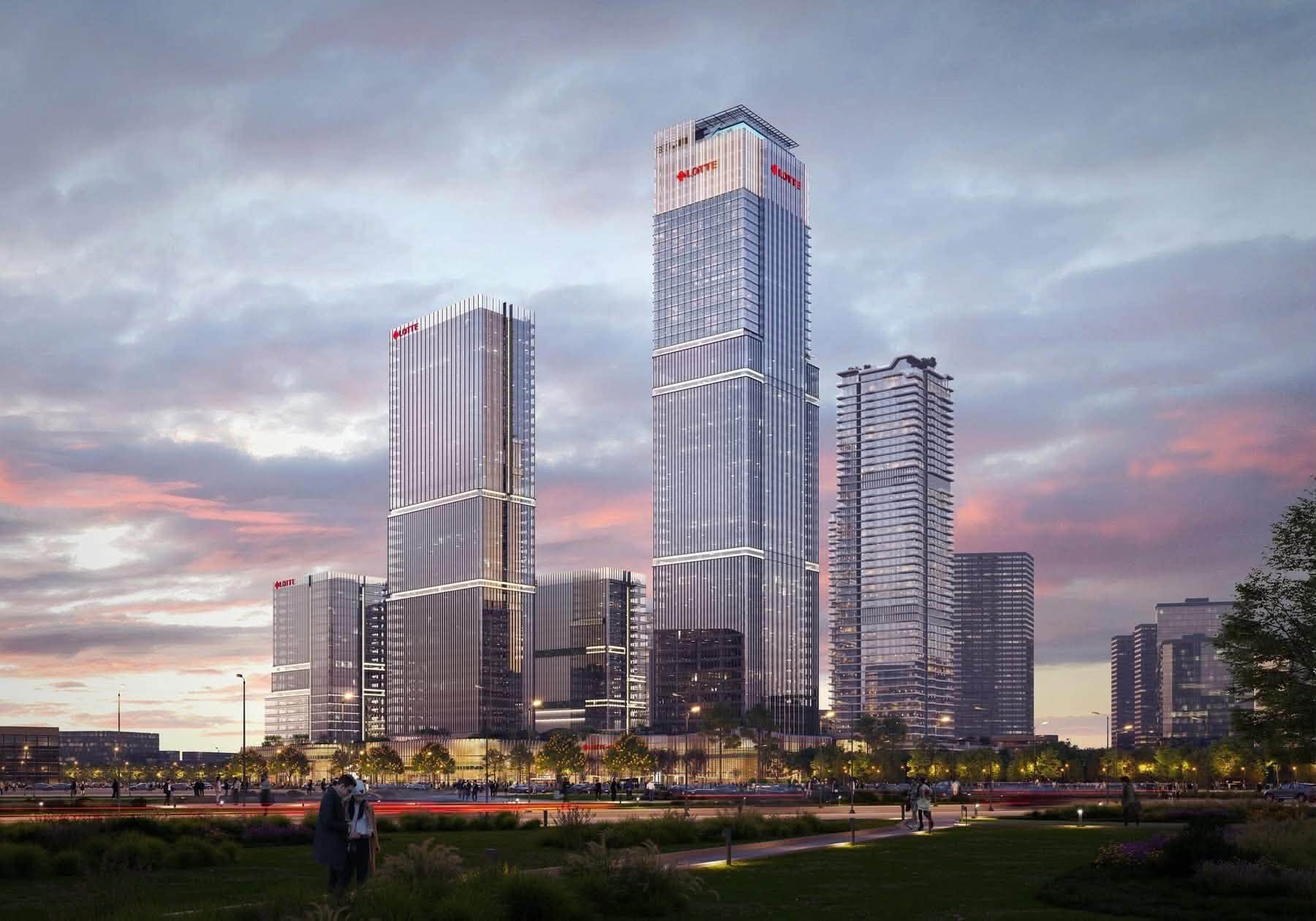 Phối cảnh cụm tháp văn phòng và căn hộ Lotte Eco Smart City Thủ Thiêm lúc hoàng hôn